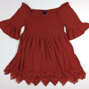 Rue Orange Fit and Flare Peasent Top - Women's Size 1X Lace Crochet Bell Sleeve